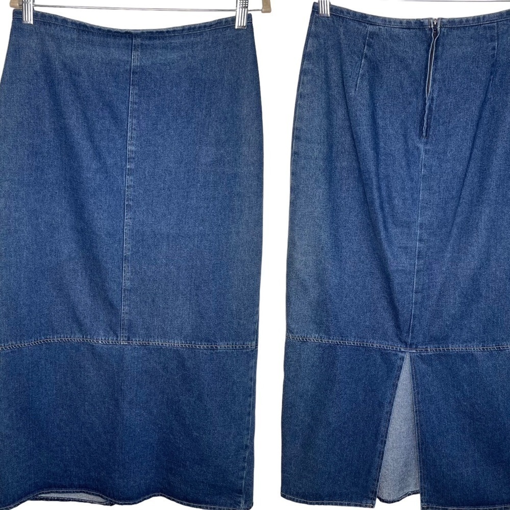 VTG Maren Sport Women’s Denim A Line Midi Skirt Size 10 High Waist Back Slit